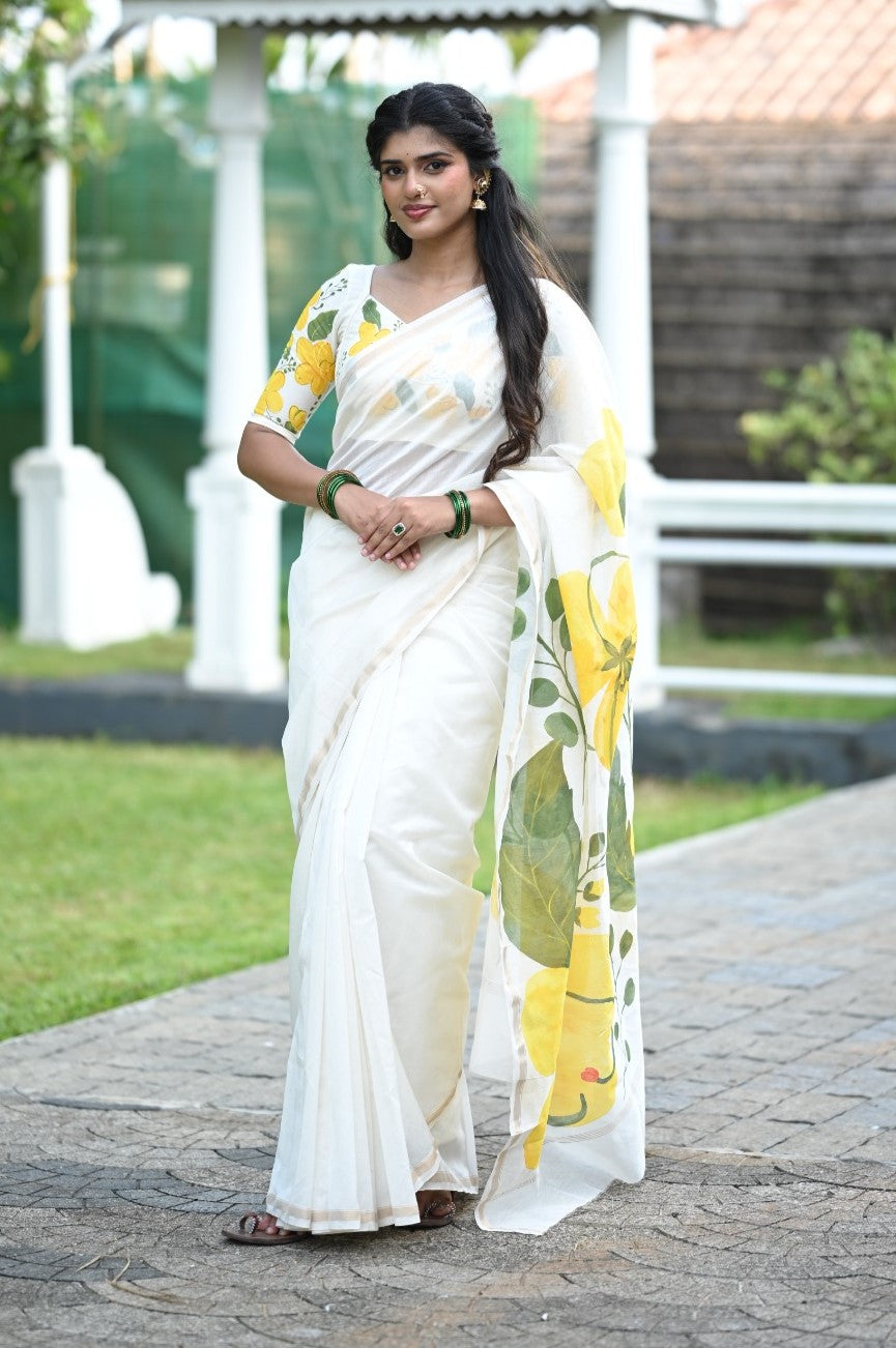 Offwhite Blouse with Kanikonna Handpainted