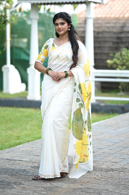 Offwhite Chanderi Saree with Kanikonna Hand Painted