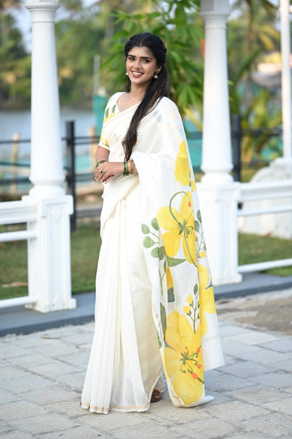 Offwhite Chanderi Saree with Kanikonna Hand Painted