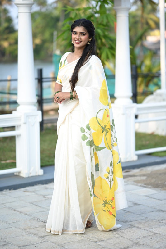 Offwhite Chanderi Saree with Kanikonna Hand Painted