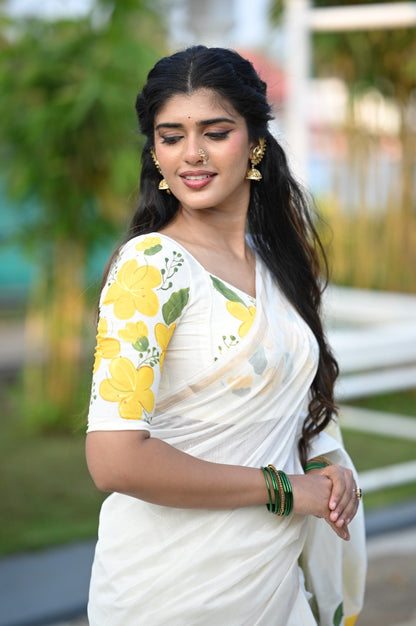 Offwhite Chanderi Saree with Kanikonna Hand Painted