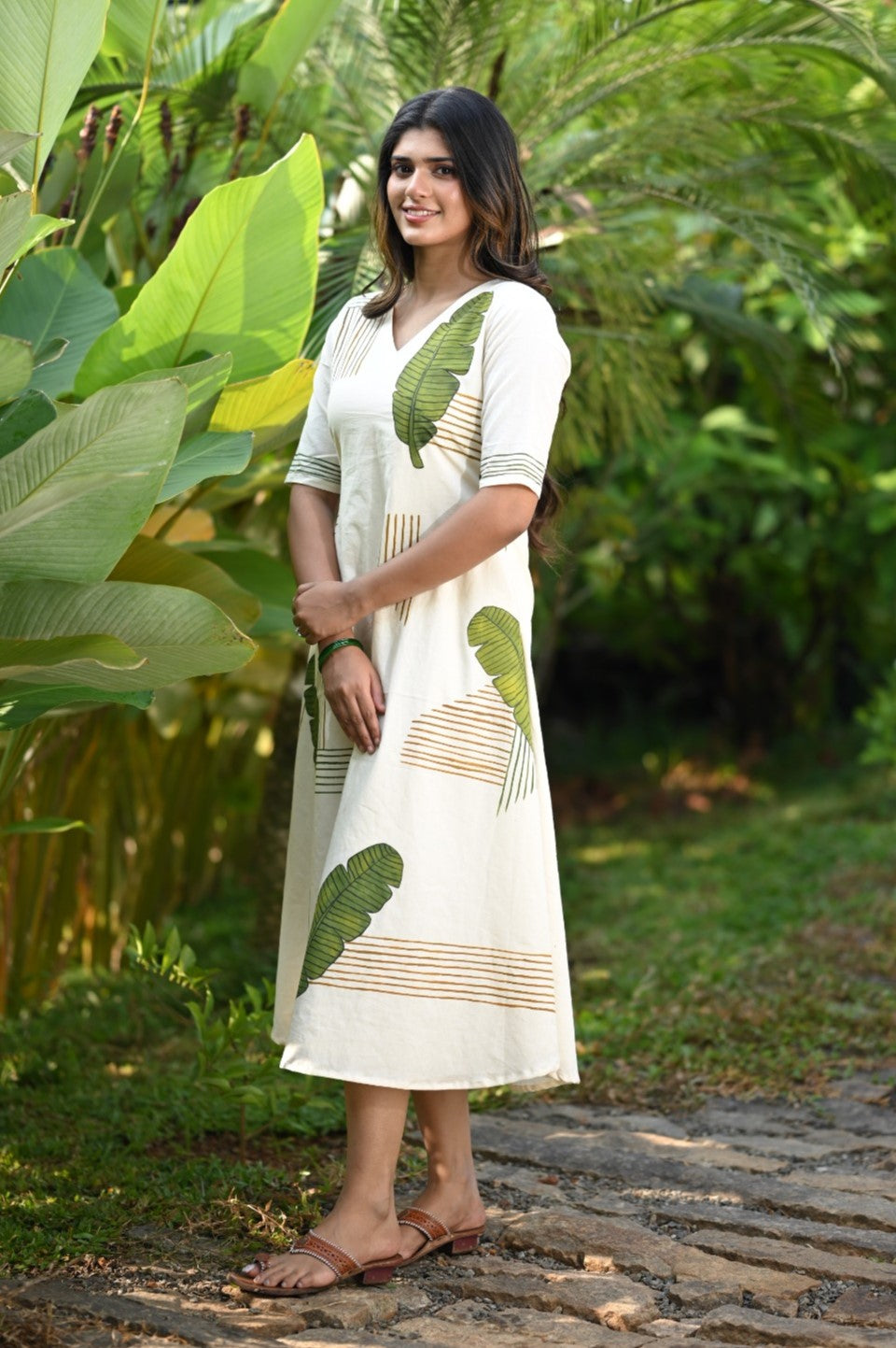 Offwhite Aline Kurti with Banana leaf Block Print