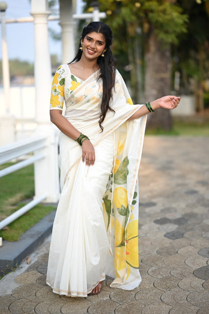 Offwhite Chanderi Saree with Kanikonna Hand Painted