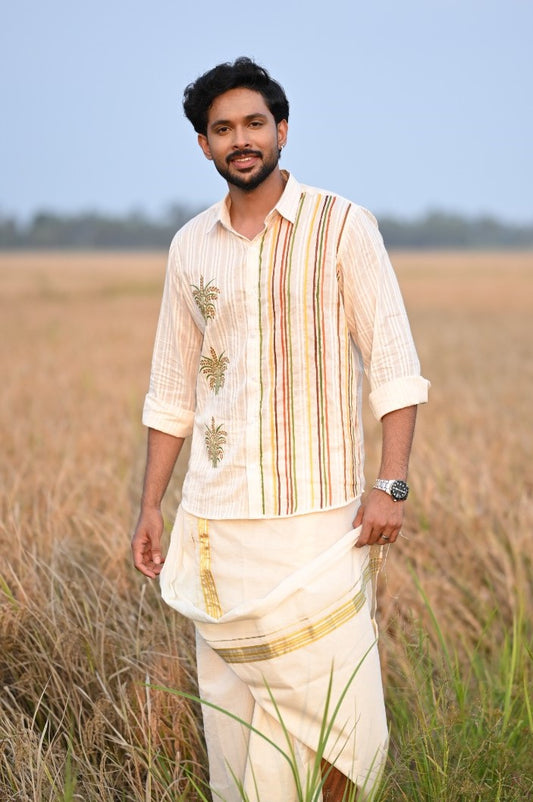 Offwhite Lurex Shirt with Nelkathir & Stripes Hand Paninted