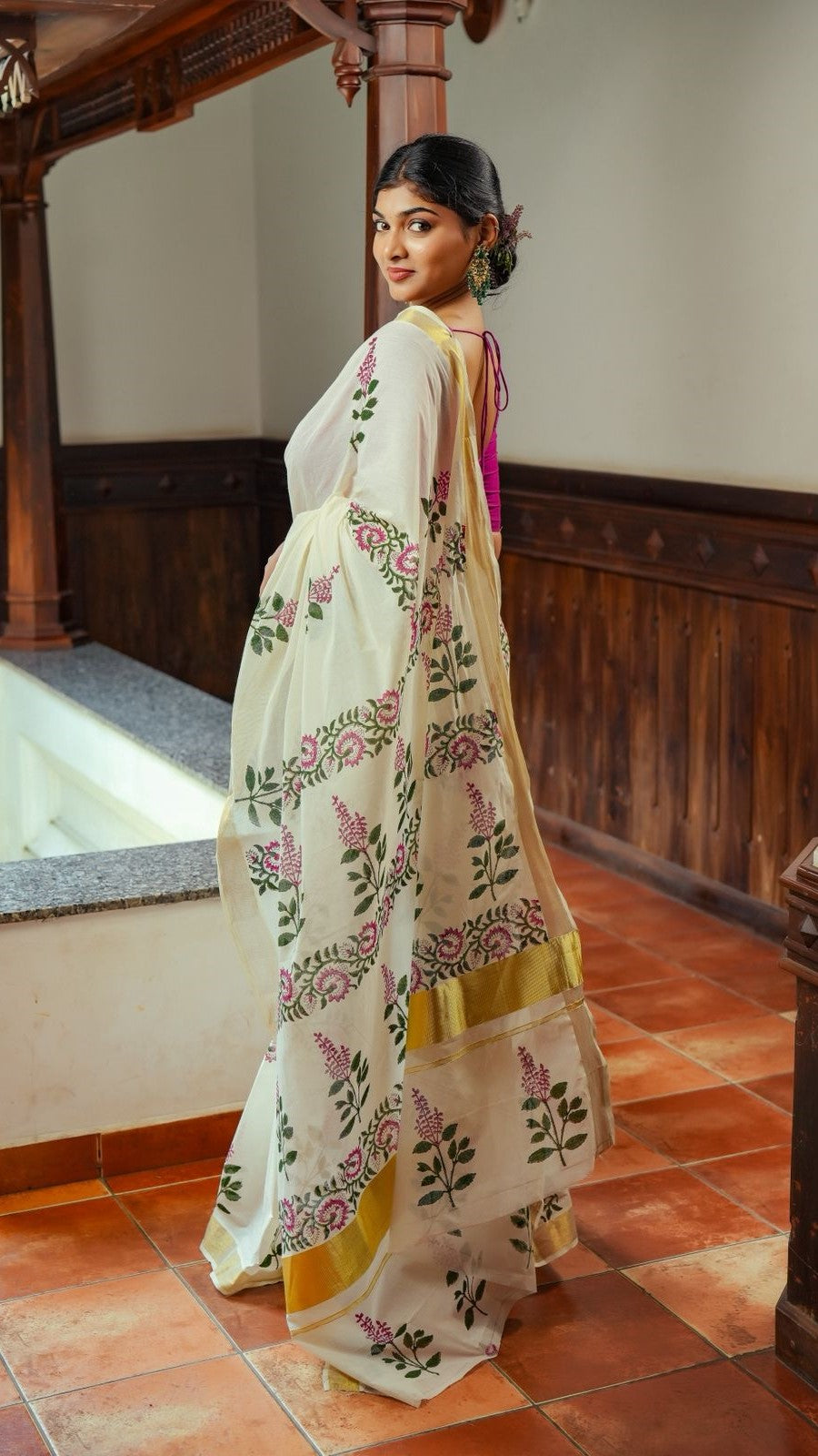 Off-white Kerala Saree with Tulsi Flower