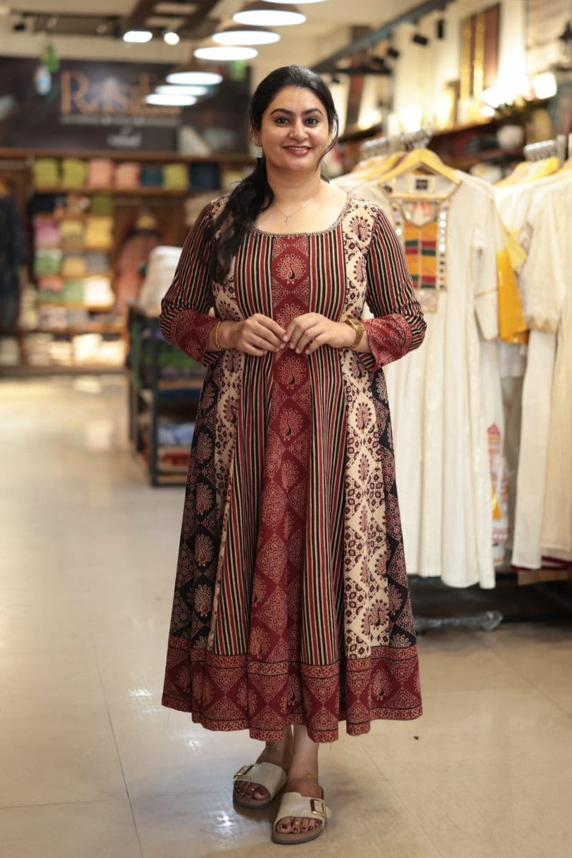 Peacock Motif with Stripe Panel Anarkali
