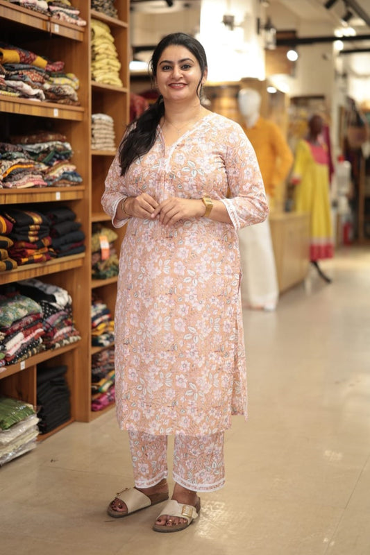Peach Base Floral Sanganeri Co-Ord Set