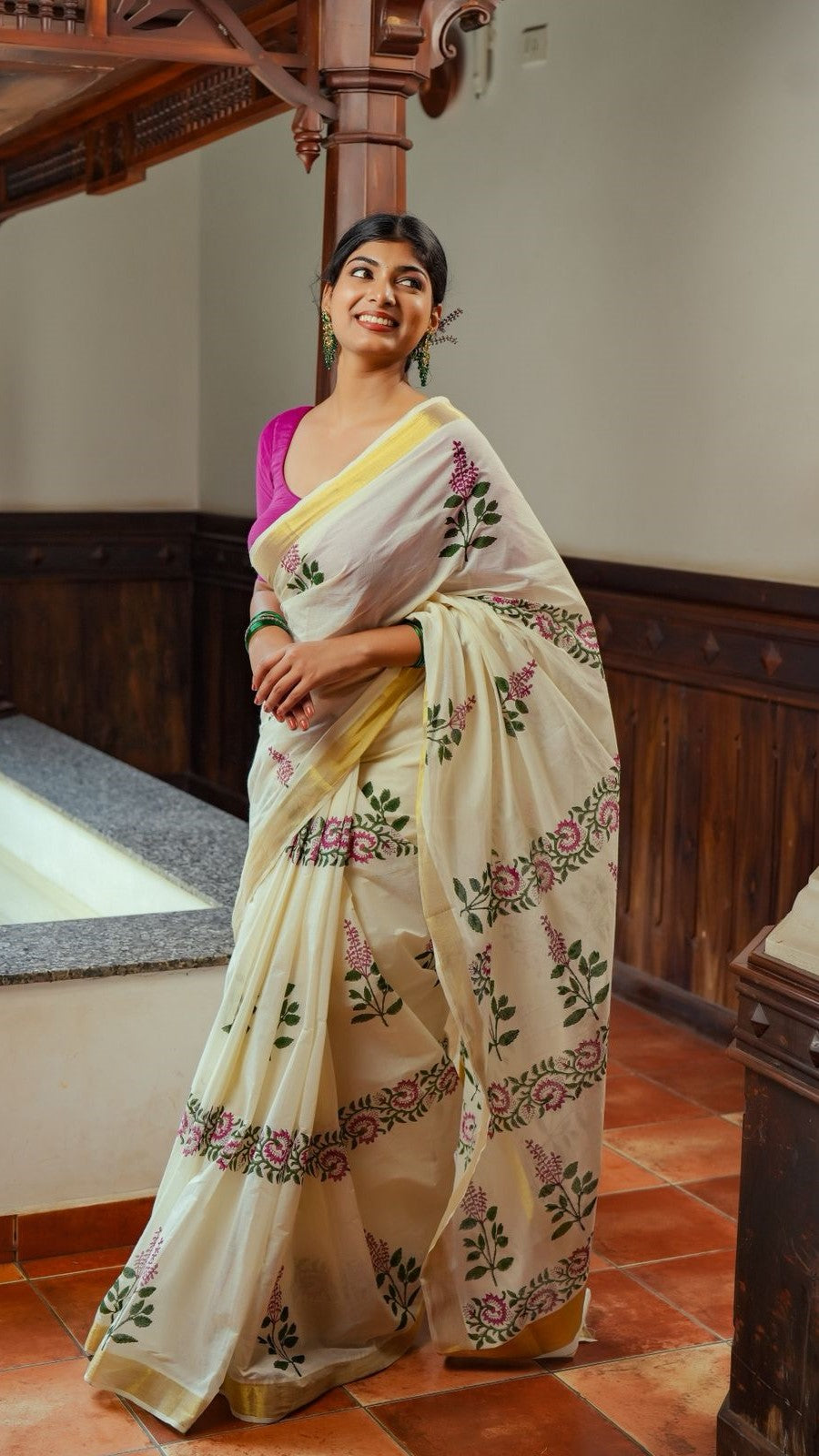 Off-white Kerala Saree with Tulsi Flower