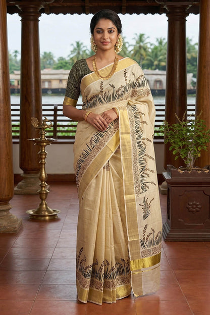 Golden Tissue Handblock Print Saree
