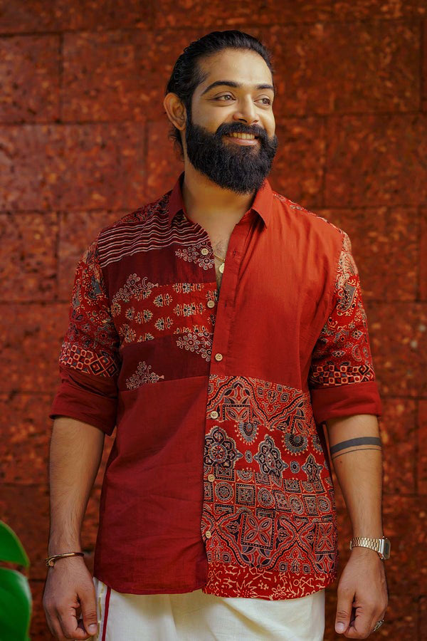 Red Ajrakh Multi Printed Patch FS Shirt