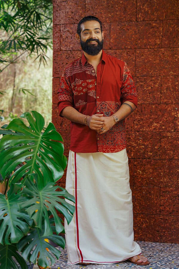 Red Ajrakh Multi Printed Patch FS Shirt