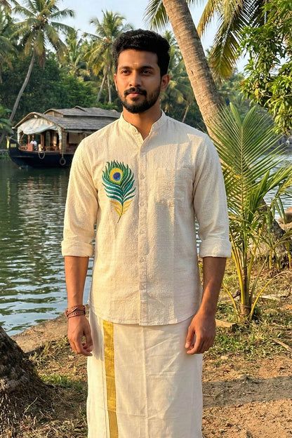 Off White Shirt with Mayilpeeli Embroidery