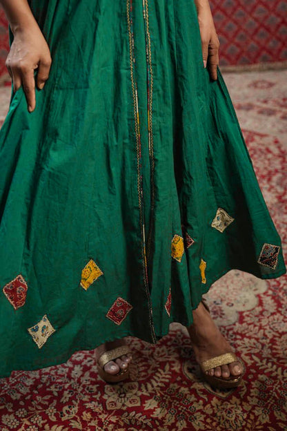 Forest Green Anarkali with Ajrakh Patch Yoke