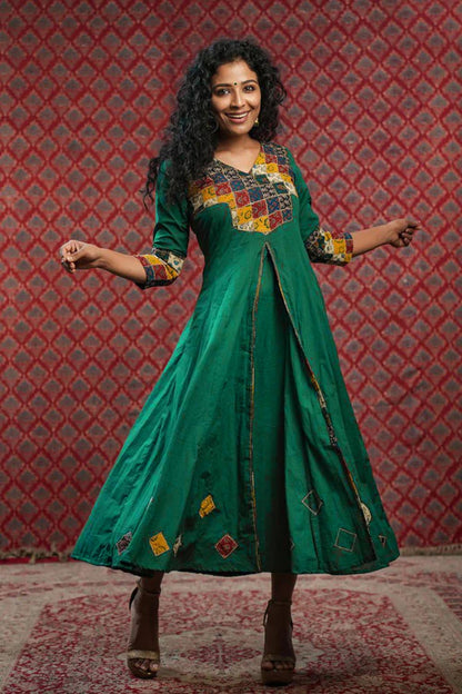 Forest Green Anarkali with Ajrakh Patch Yoke