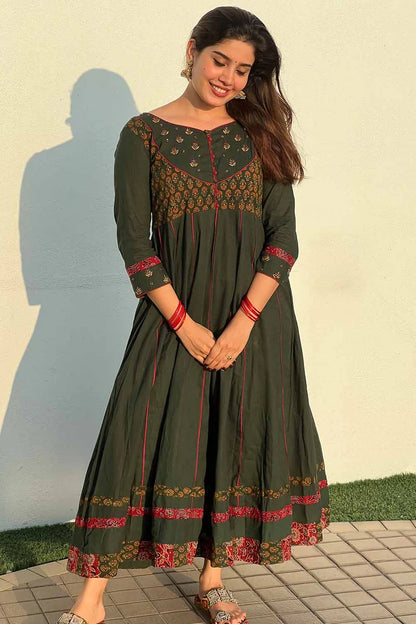 Green Plain Ajrakh Anarkali with Embroidered Yoke