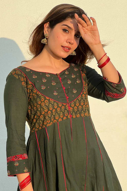 Green Plain Ajrakh Anarkali with Embroidered Yoke