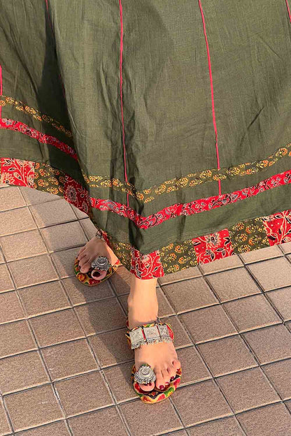 Green Plain Ajrakh Anarkali with Embroidered Yoke