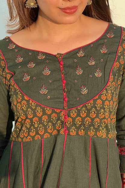 Green Plain Ajrakh Anarkali with Embroidered Yoke