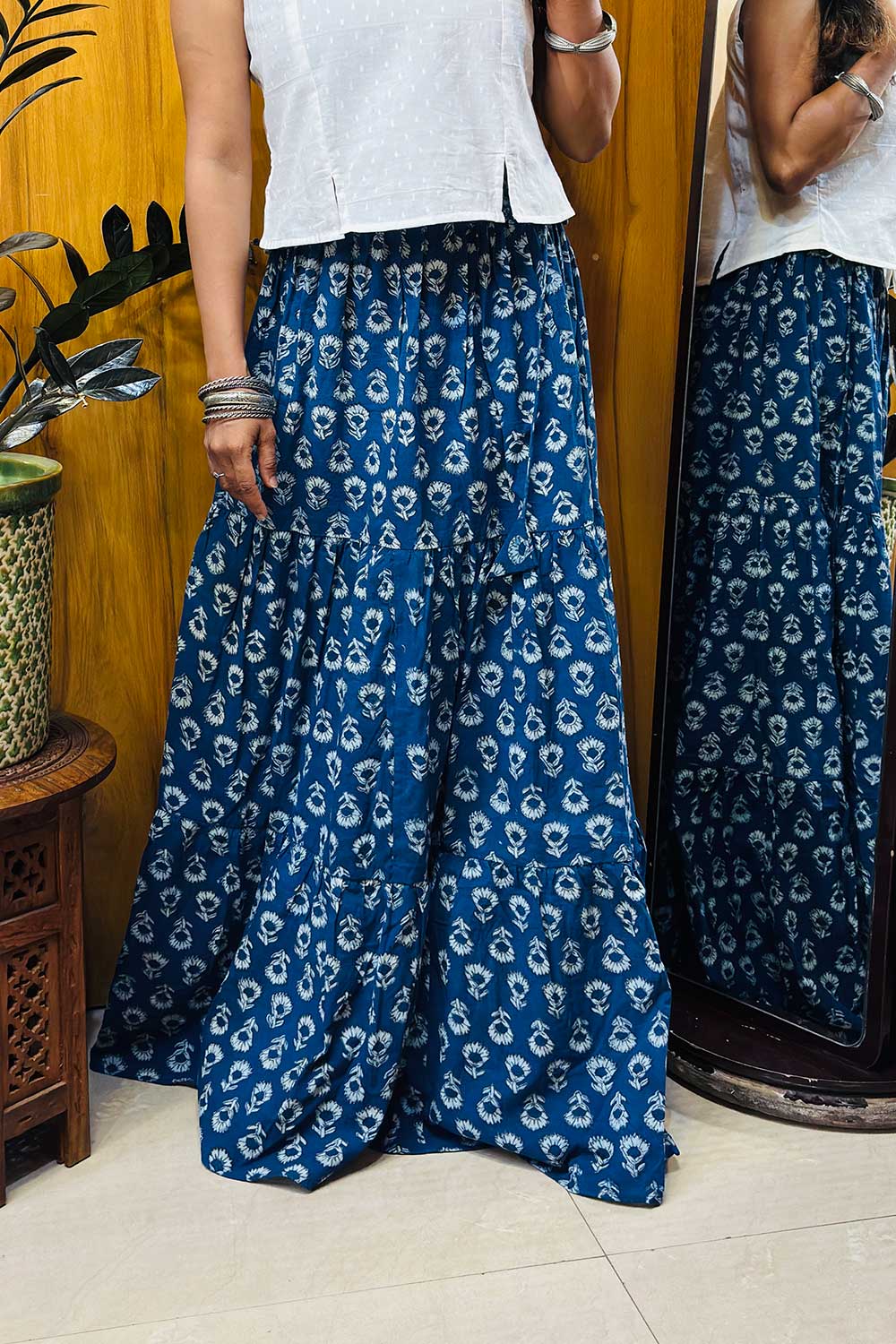 Indigo Floral Printed Tiered skirt