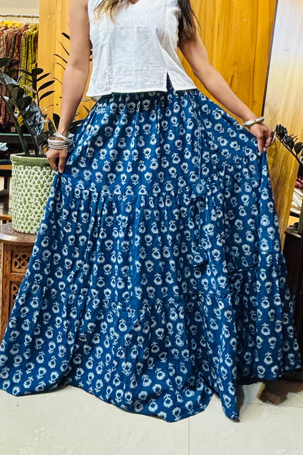 Indigo Floral Printed Tiered skirt