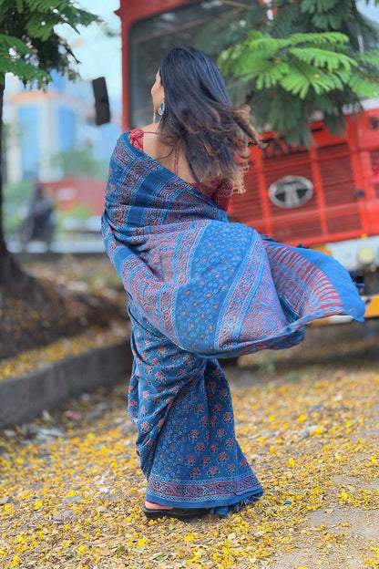 Blue Mul Cotton  Ajrakh Handblock Printed Saree