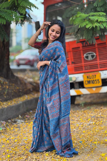 Blue Mul Cotton  Ajrakh Handblock Printed Saree