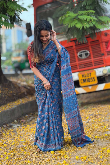 Blue Mul Cotton  Ajrakh Handblock Printed Saree