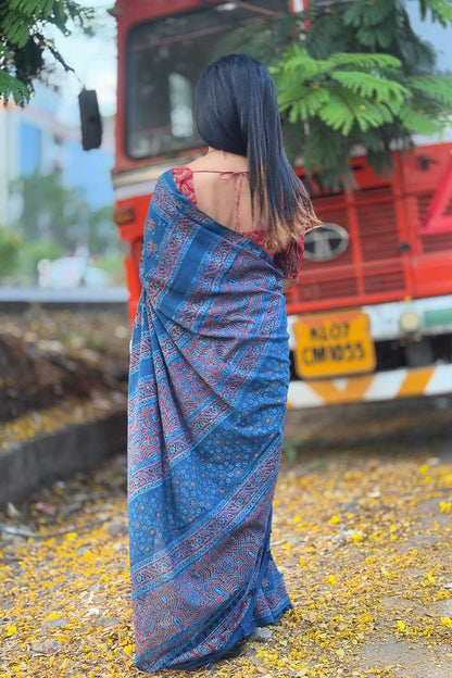 Blue Mul Cotton  Ajrakh Handblock Printed Saree