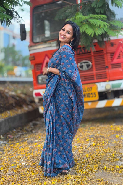 Blue Mul Cotton  Ajrakh Handblock Printed Saree