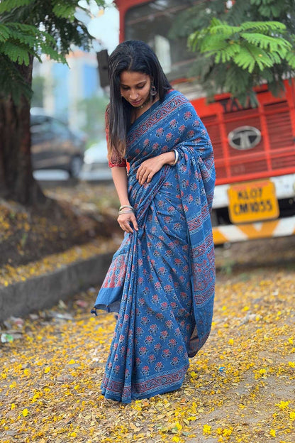 Blue Mul Cotton  Ajrakh Handblock Printed Saree