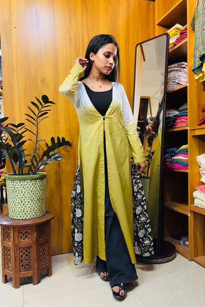 Olive Green Ombre Shrug With Black Kalamkari Godet