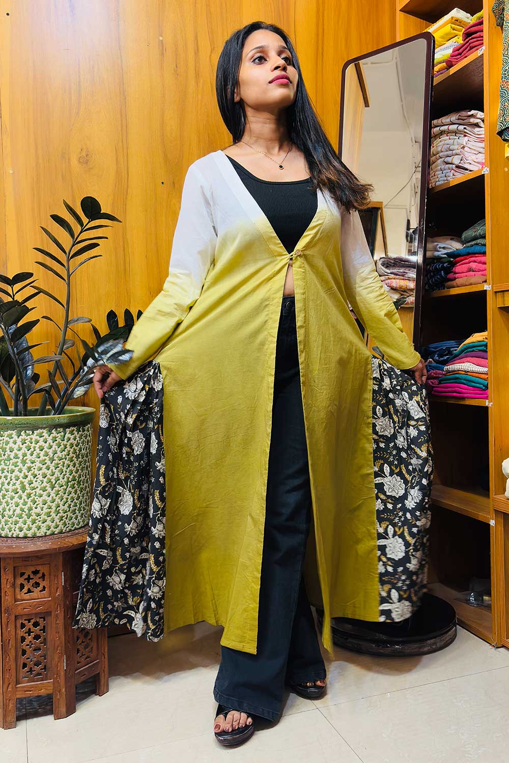 Olive Green Ombre Shrug With Black Kalamkari Godet