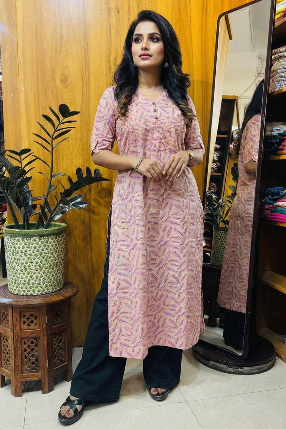 Feather Printed Pink Slited Kurti