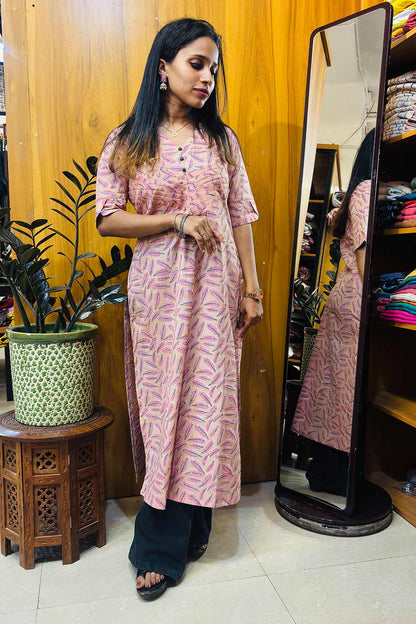 Feather Printed Pink Slited Kurti