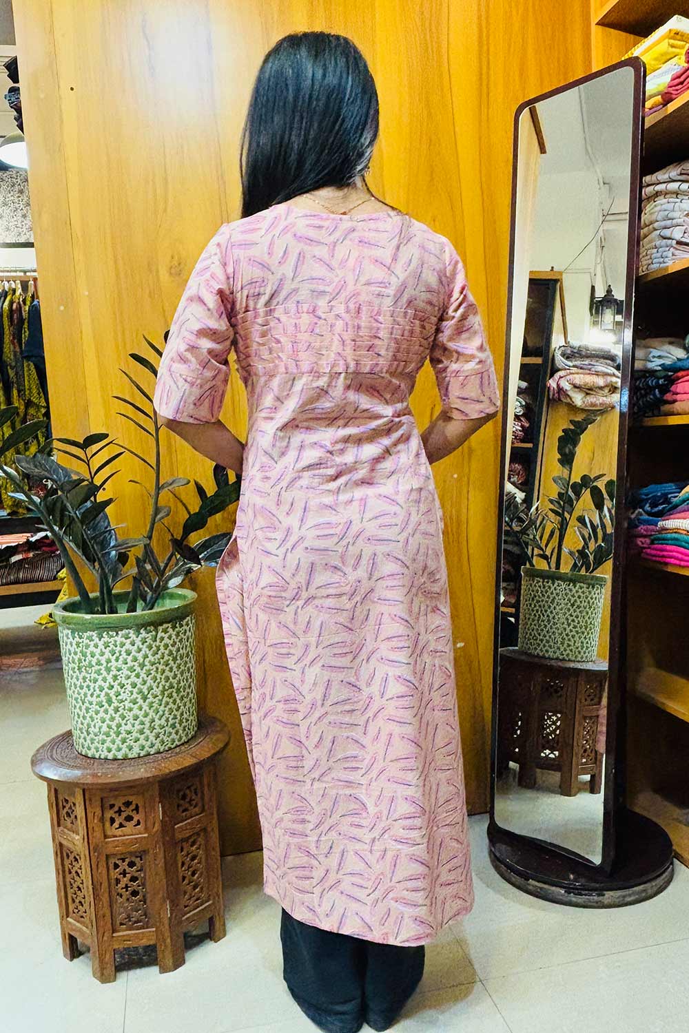 Feather Printed Pink Slited Kurti