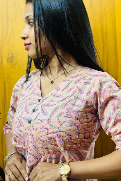 Feather Printed Pink Slited Kurti