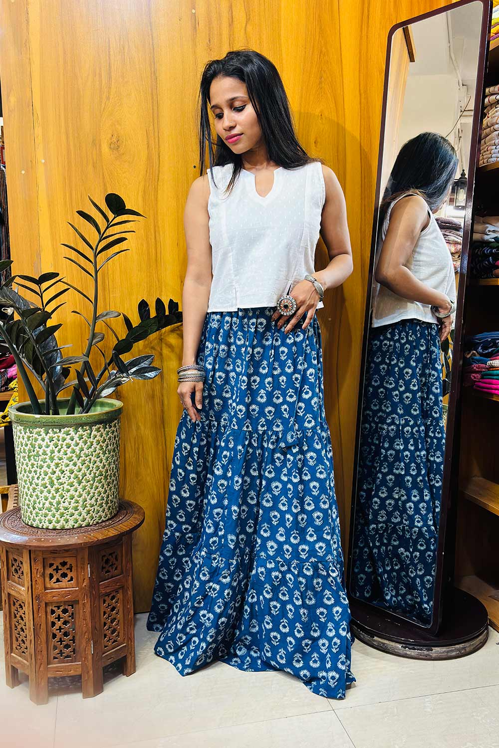 Indigo Floral Printed Tiered skirt