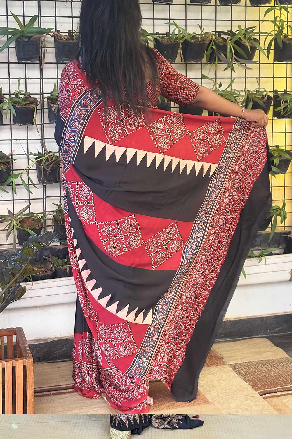 Modal silk Plain Black Body and Red Ajrkh Printed Saree