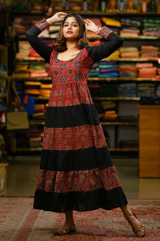 Black & Red Tiered Anarkali Floral