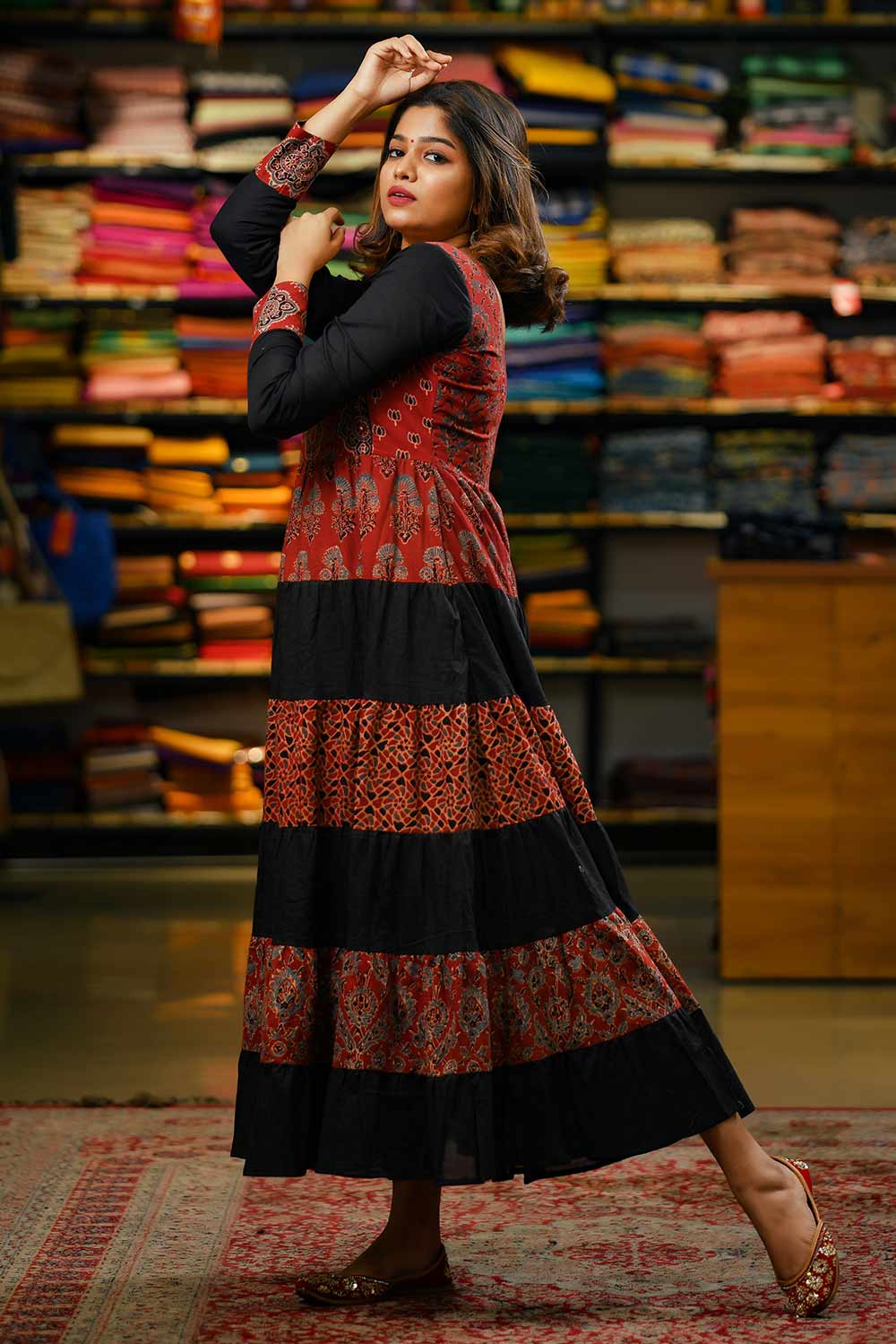 Black & Red Tiered Anarkali Floral