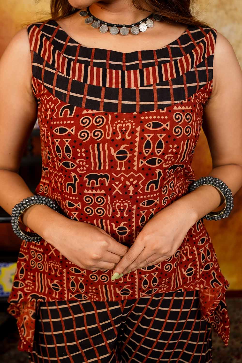 Maroon & Black Warli Ajrakh Co-ord Set