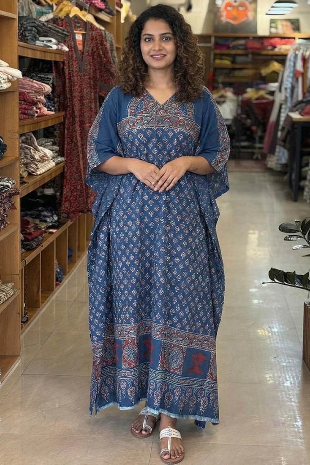 Blue Kaftan with Small Floral Print