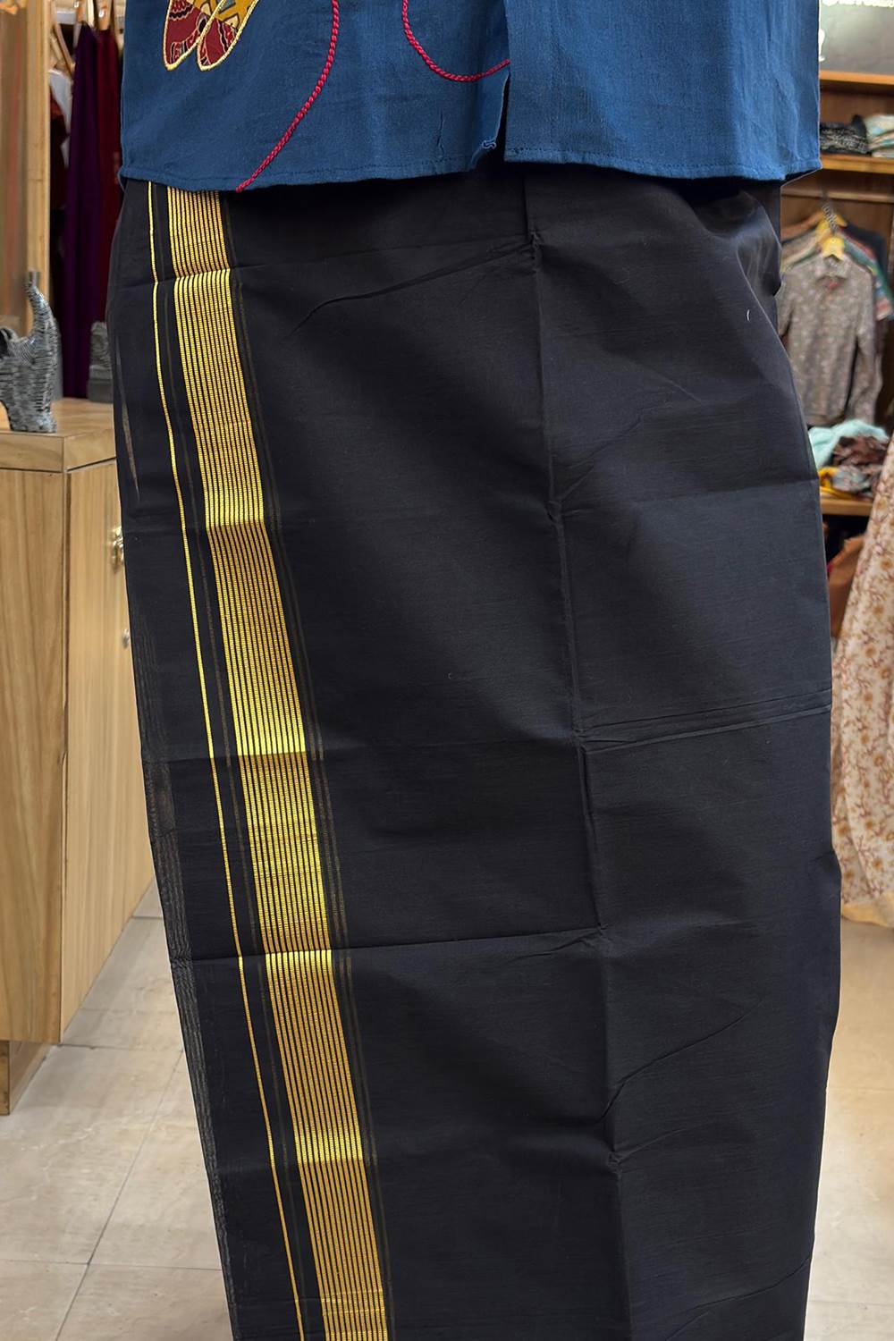 Black handloom dhothi with Golden Stripe Border