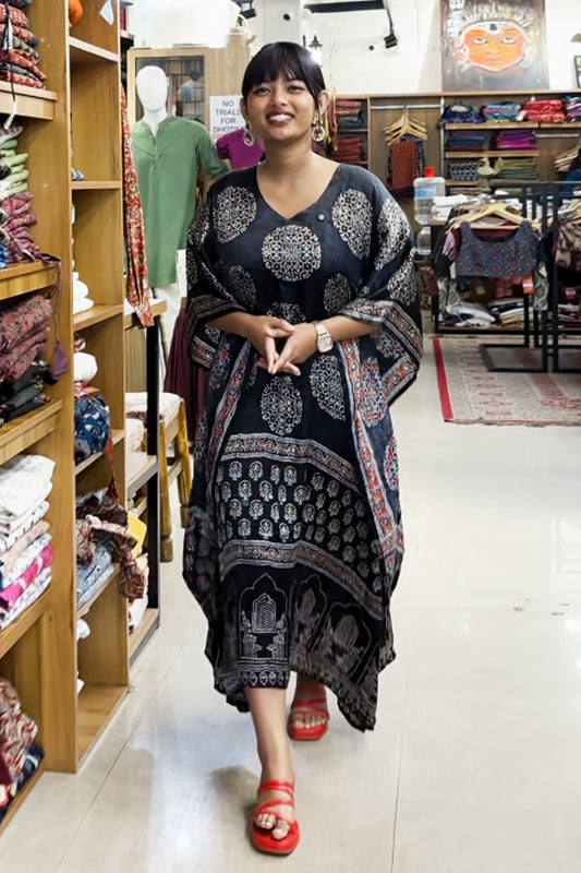 Black Modal Silk Kaftan with Ajrakh Print