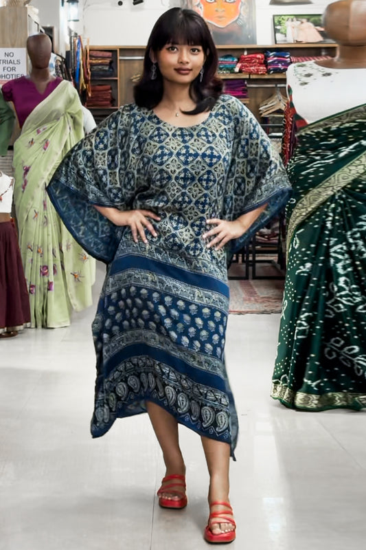 Blue Base Modal Silk Kaftan with Ajrakh Print