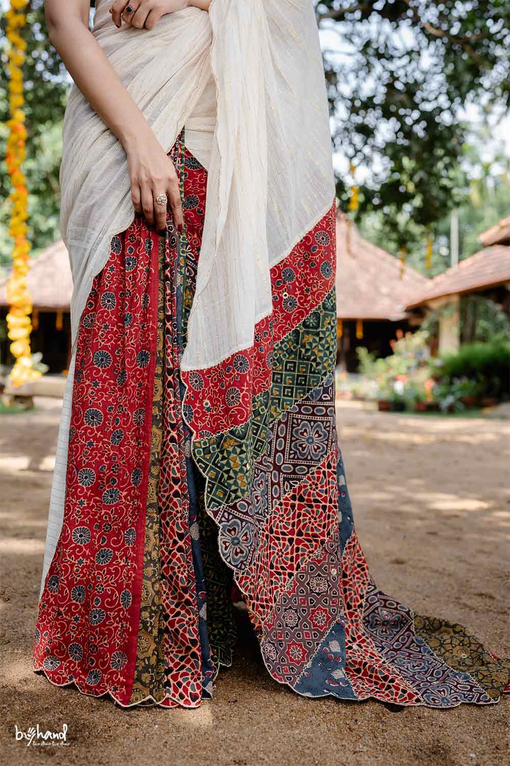 Off White Scallop Saree with Ajrakh Multi Patch