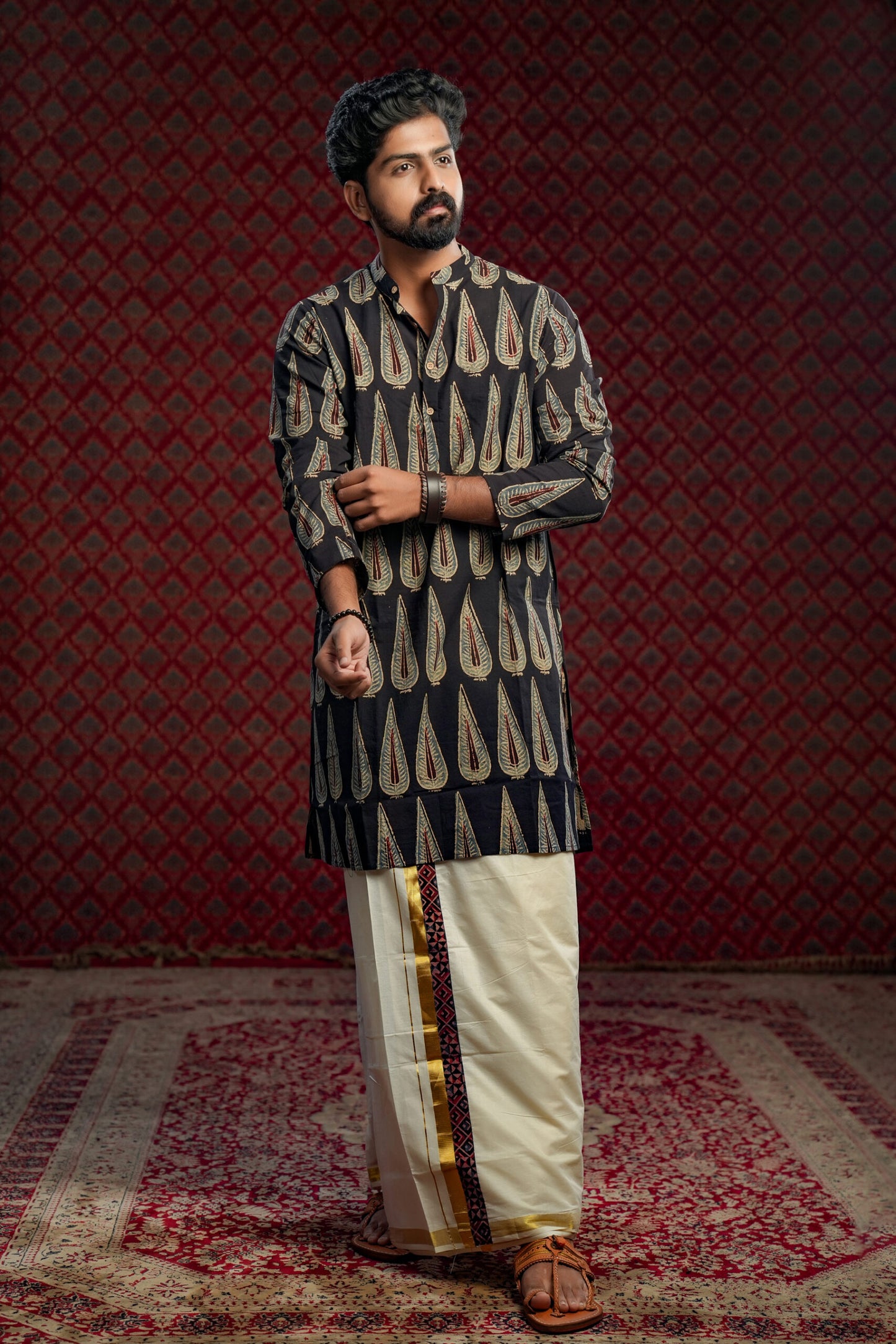 Black Ajrakh Long Kurta with Blue Leaf Print