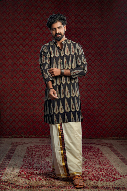 Black Ajrakh Long Kurta with Blue Leaf Print