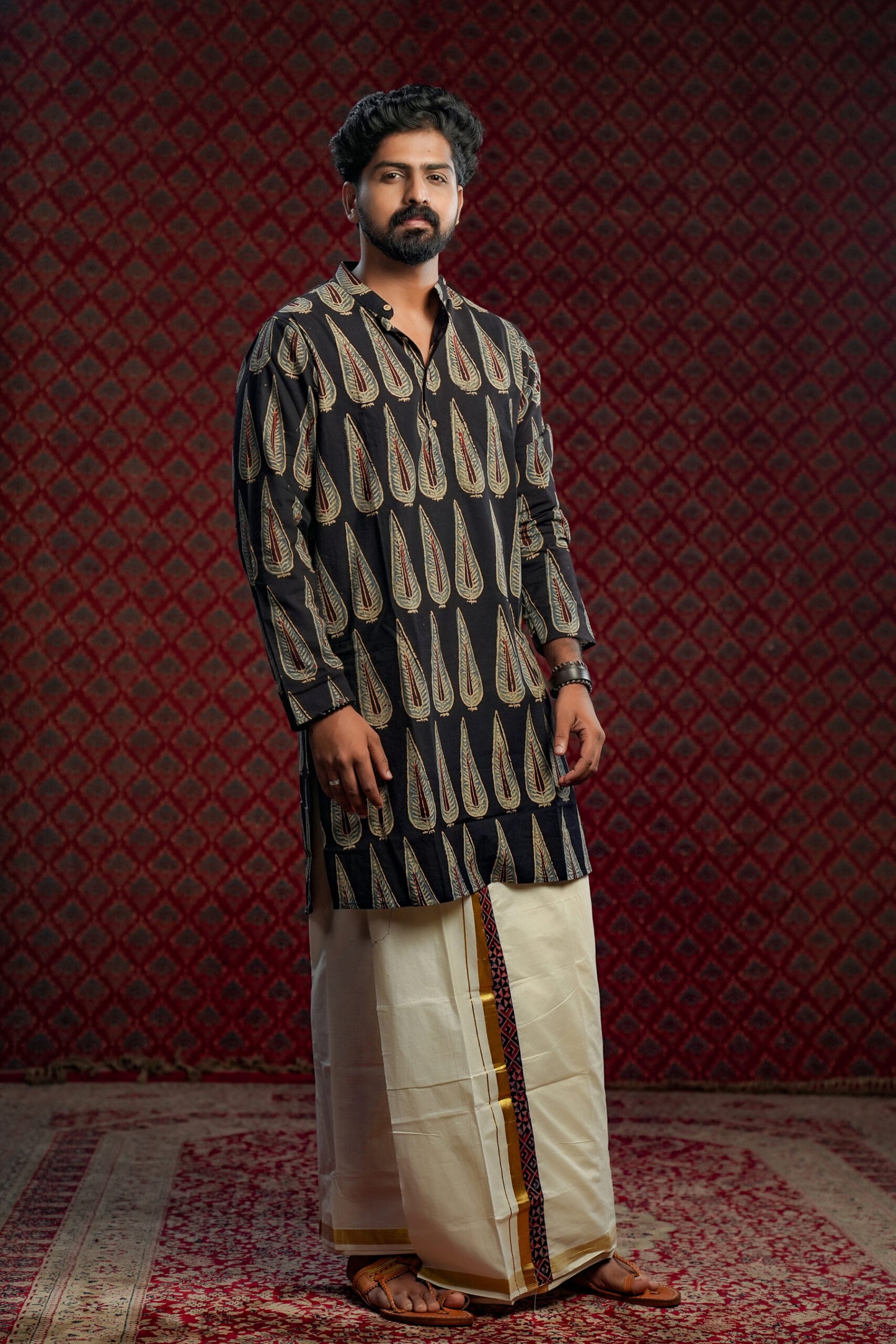 Black Ajrakh Long Kurta with Blue Leaf Print