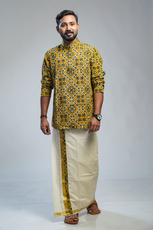 Yellow Ajrak Geometric Design Kurta